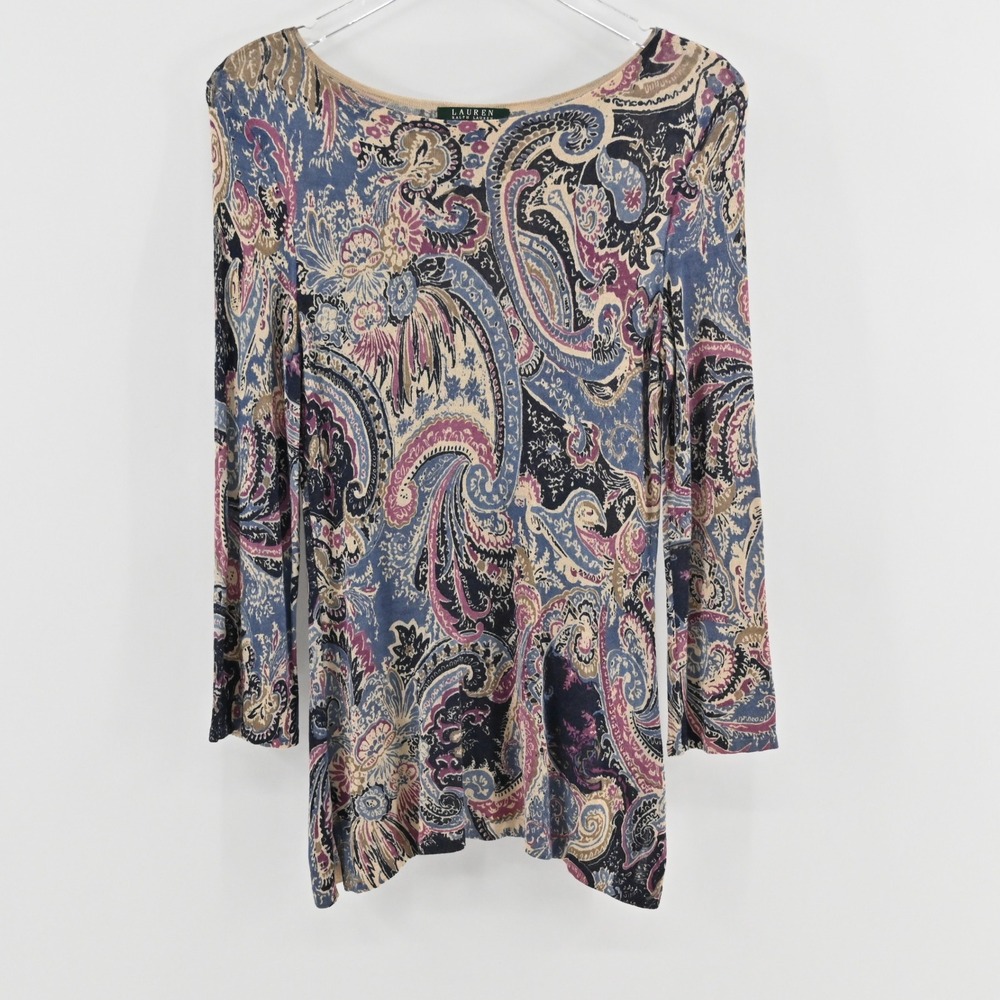 Ralph Lauren Womens Paisley Silk Top Size S Long Sleeve Boat Neck Comfort LRL